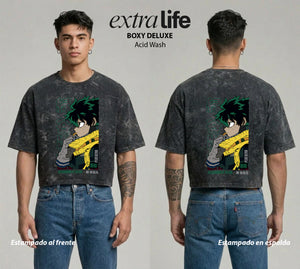 Playera streetwear premium de anime y gaming ExtraLife MX, corte boxy deluxe mineral wash heavyweight en color Acid Wash, moda urbana mexicana de culto.
