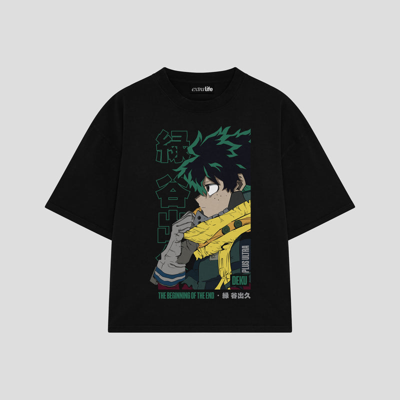 Playera streetwear premium de anime y gaming ExtraLife MX, corte boxy oversized drop shoulder heavyweight en color Deep Black y Off-White, moda urbana mexicana de culto.