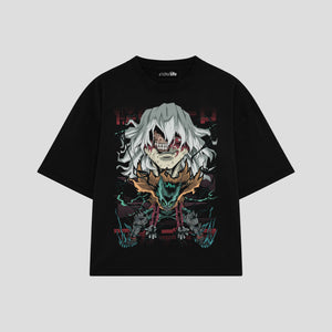 Playera streetwear premium de anime y gaming ExtraLife MX, corte boxy oversized drop shoulder heavyweight en color Deep Black y Off-White, moda urbana mexicana de culto.