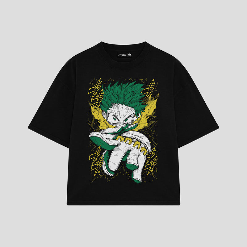 Playera streetwear premium de anime y gaming ExtraLife MX, corte boxy oversized drop shoulder heavyweight en color Deep Black y Off-White, moda urbana mexicana de culto.