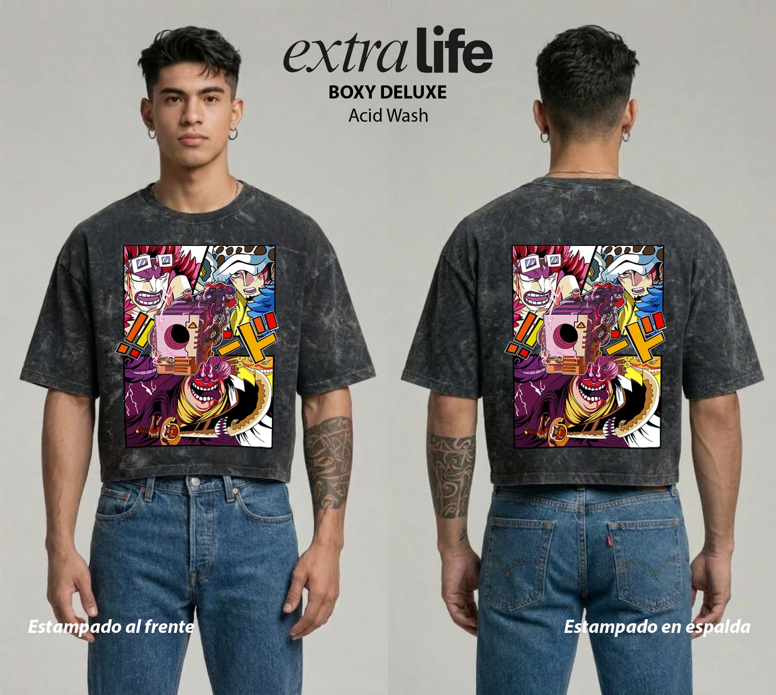 Playera streetwear premium de anime y gaming ExtraLife MX, corte boxy deluxe mineral wash heavyweight en color Acid Wash, moda urbana mexicana de culto.