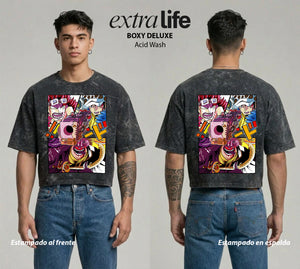 Playera streetwear premium de anime y gaming ExtraLife MX, corte boxy deluxe mineral wash heavyweight en color Acid Wash, moda urbana mexicana de culto.
