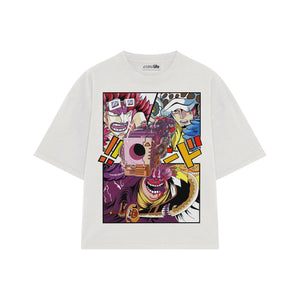 Playera streetwear premium de anime y gaming ExtraLife MX, corte boxy oversized drop shoulder heavyweight en color Deep Black y Off-White, moda urbana mexicana de culto.