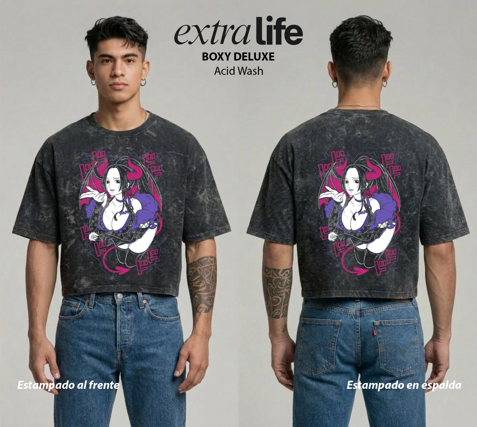 Playera streetwear premium de anime y gaming ExtraLife MX, corte boxy deluxe mineral wash heavyweight en color Acid Wash, moda urbana mexicana de culto.