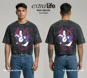 Playera streetwear premium de anime y gaming ExtraLife MX, corte boxy deluxe mineral wash heavyweight en color Acid Wash, moda urbana mexicana de culto.