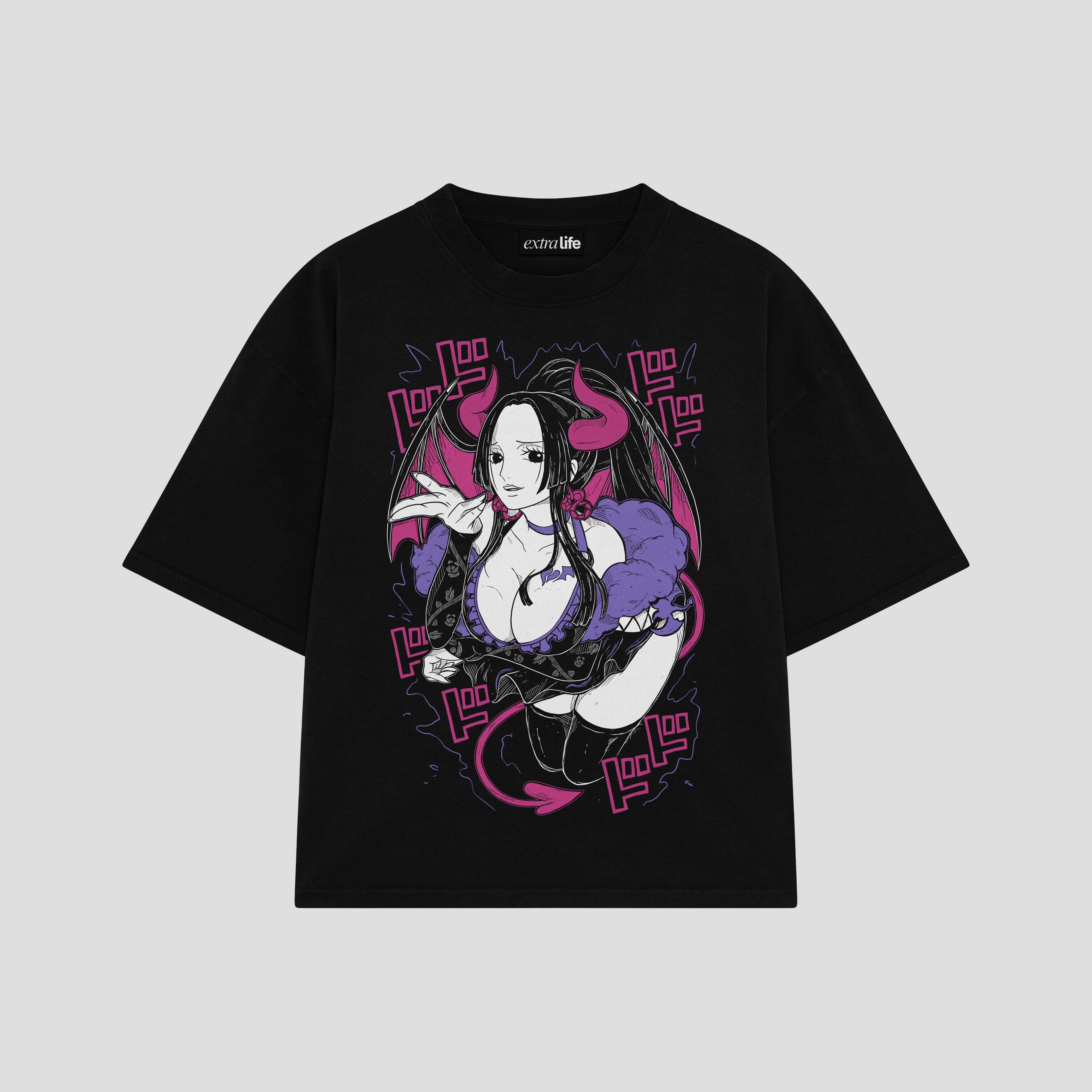 Playera streetwear premium de anime y gaming ExtraLife MX, corte boxy oversized drop shoulder heavyweight en color Deep Black y Off-White, moda urbana mexicana de culto.