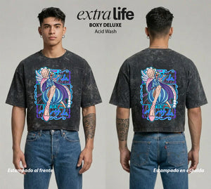 Playera streetwear premium de anime y gaming ExtraLife MX, corte boxy deluxe mineral wash heavyweight en color Acid Wash, moda urbana mexicana de culto.