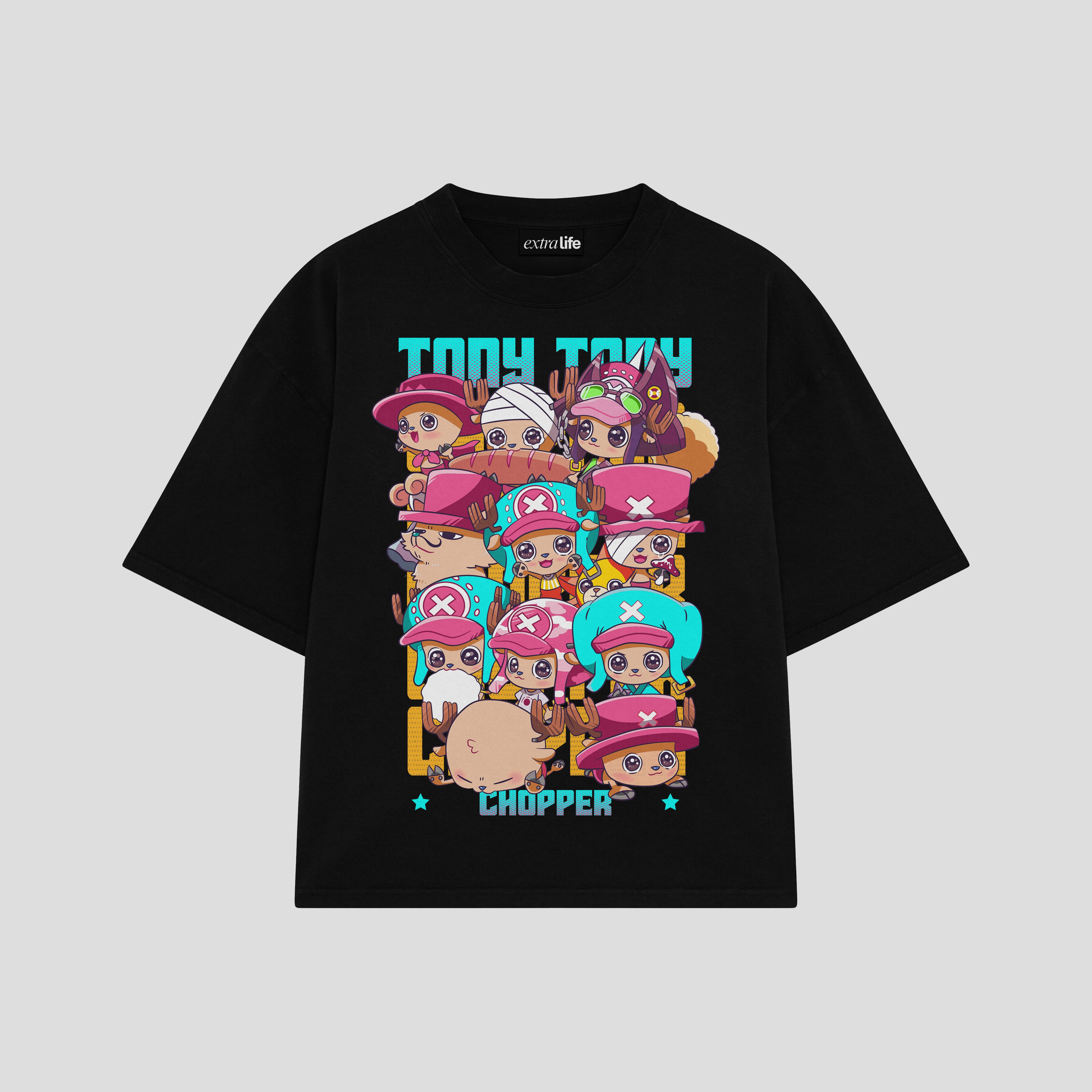 Playera streetwear premium de anime y gaming ExtraLife MX, corte boxy oversized drop shoulder heavyweight en color Deep Black y Off-White, moda urbana mexicana de culto.