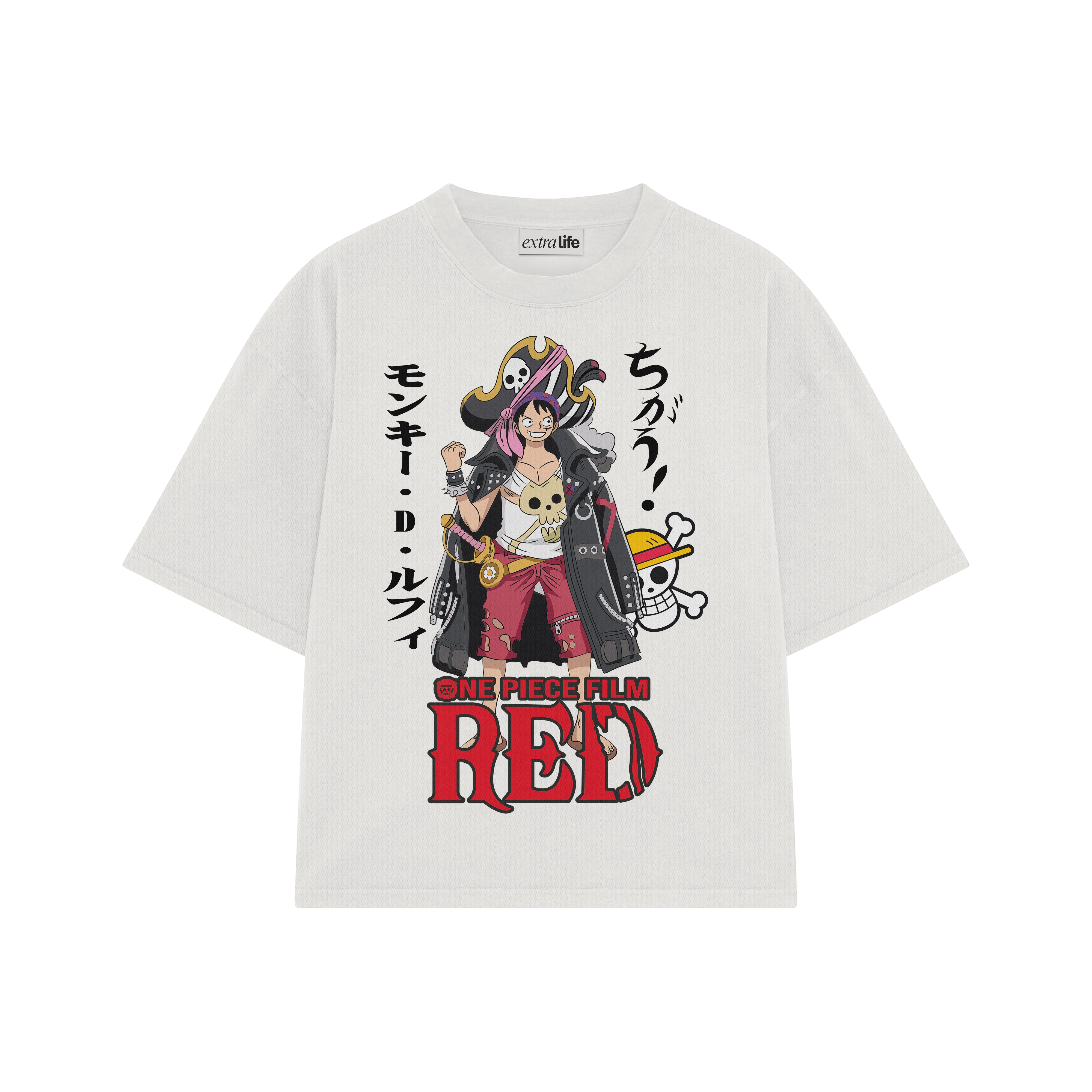 Playera streetwear premium de anime y gaming ExtraLife MX, corte boxy oversized drop shoulder heavyweight en color Deep Black y Off-White, moda urbana mexicana de culto.