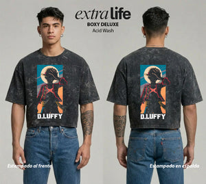 Playera streetwear premium de anime y gaming ExtraLife MX, corte boxy deluxe mineral wash heavyweight en color Acid Wash, moda urbana mexicana de culto.