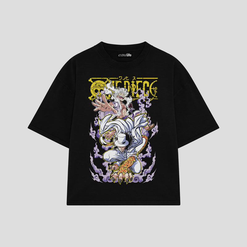 Playera streetwear premium de anime y gaming ExtraLife MX, corte boxy oversized drop shoulder heavyweight en color Deep Black y Off-White, moda urbana mexicana de culto.