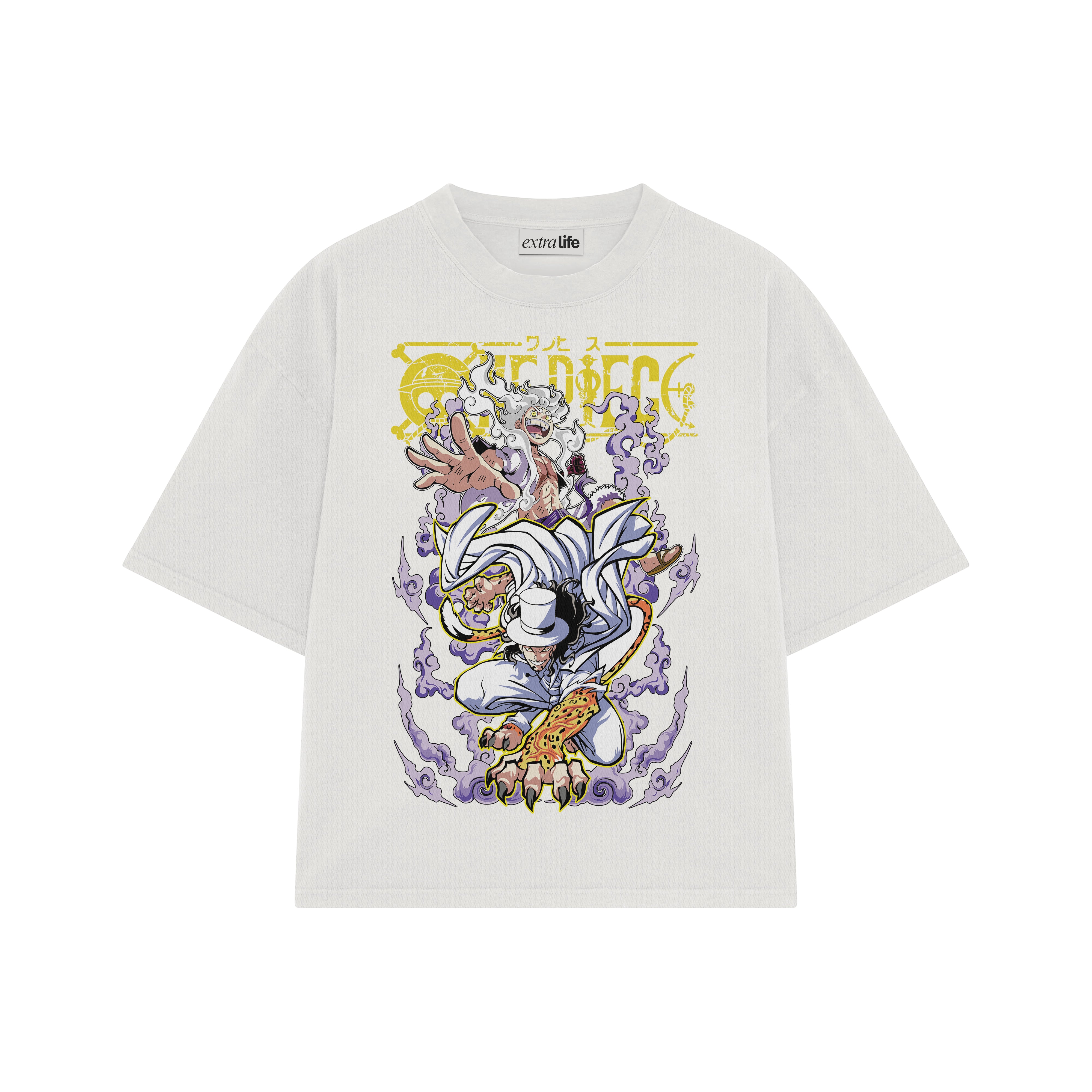 Playera streetwear premium de anime y gaming ExtraLife MX, corte boxy oversized drop shoulder heavyweight en color Deep Black y Off-White, moda urbana mexicana de culto.
