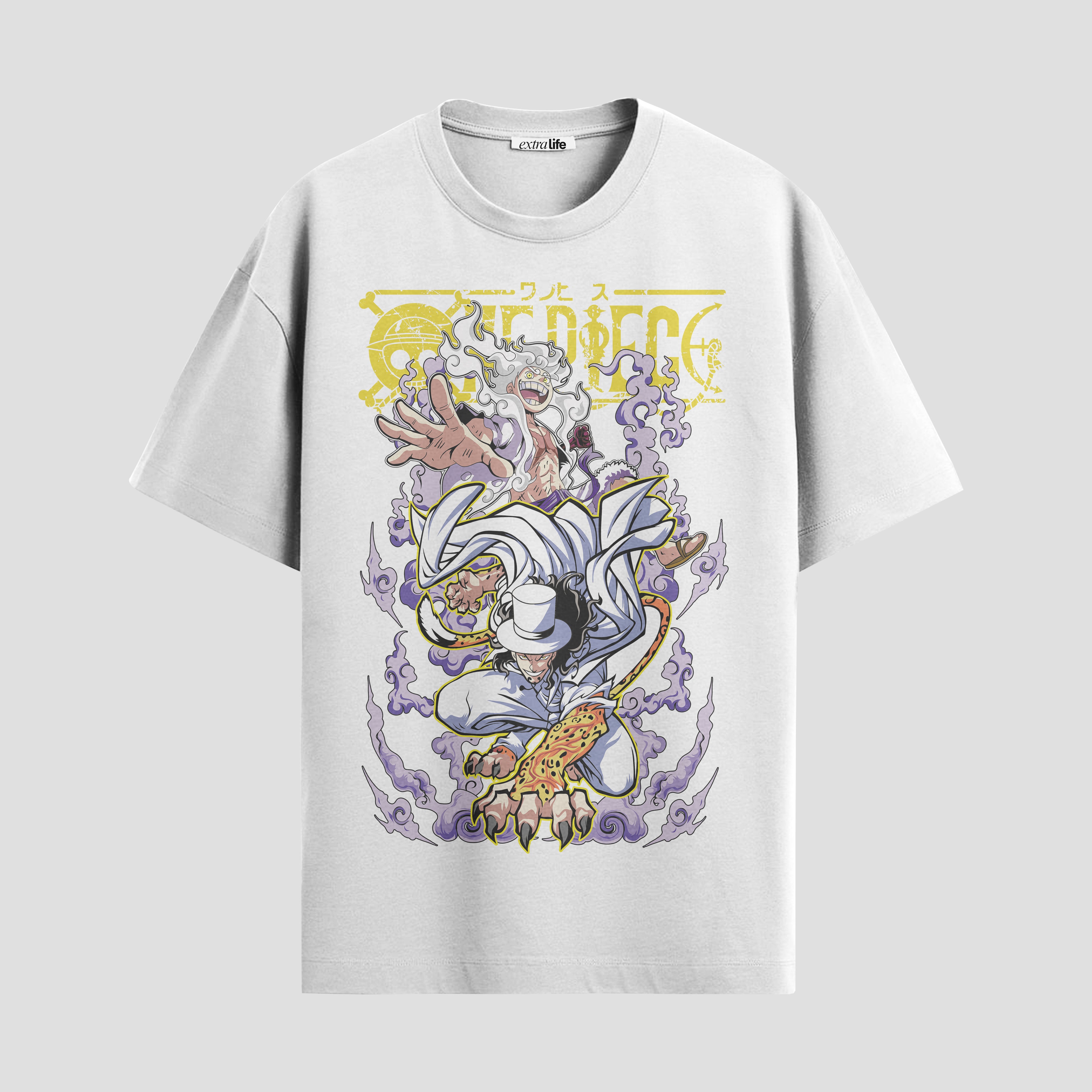 Playera urbana de anime y gaming ExtraLife MX, corte Standard Fit unisex ligero y transpirable en color Deep Black y Pure White, ropa de uso diario para gym y casual.