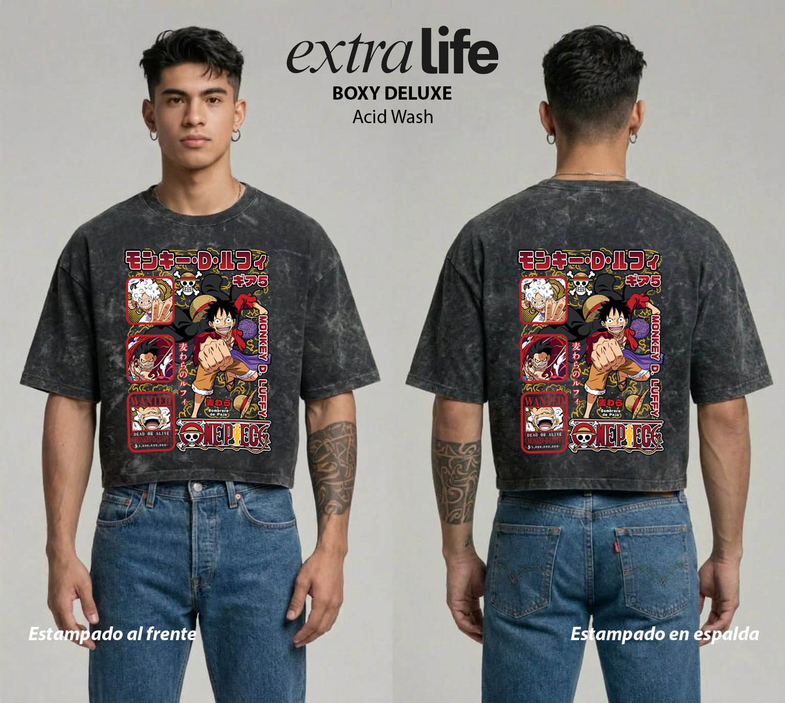 Playera streetwear premium de anime y gaming ExtraLife MX, corte boxy deluxe mineral wash heavyweight en color Acid Wash, moda urbana mexicana de culto.