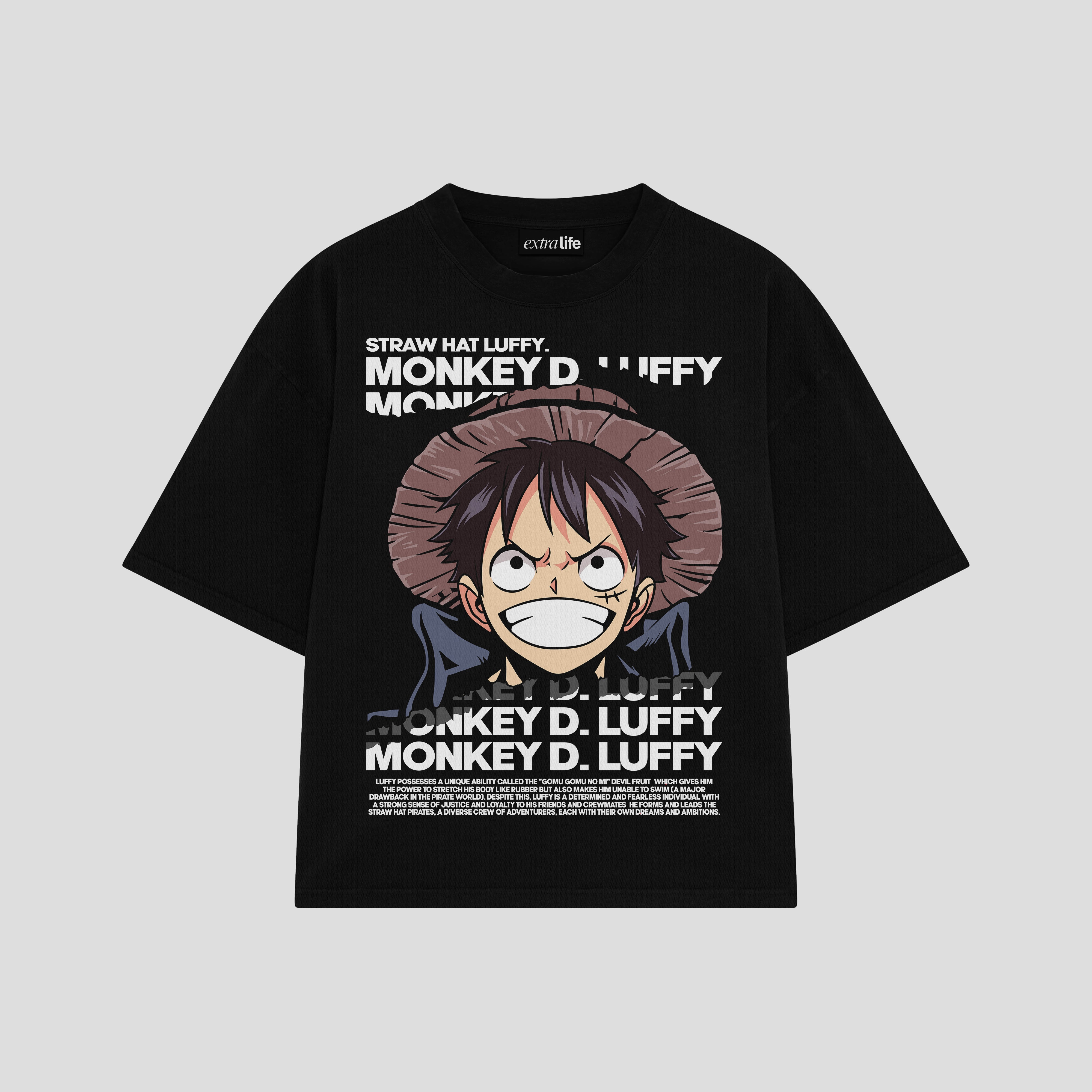 Playera streetwear premium de anime y gaming ExtraLife MX, corte boxy oversized drop shoulder heavyweight en color Deep Black y Off-White, moda urbana mexicana de culto.