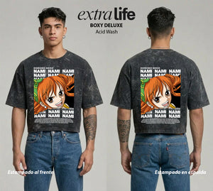 Playera streetwear premium de anime y gaming ExtraLife MX, corte boxy deluxe mineral wash heavyweight en color Acid Wash, moda urbana mexicana de culto.