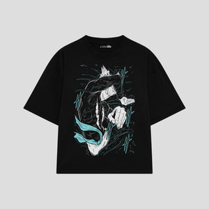 Playera streetwear premium de anime y gaming ExtraLife MX, corte boxy oversized drop shoulder heavyweight en color Deep Black y Off-White, moda urbana mexicana de culto.