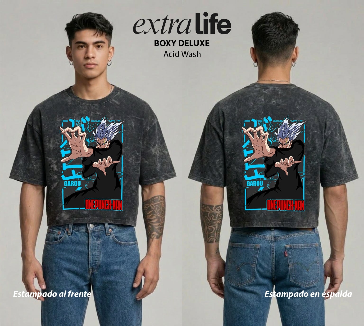 Playera streetwear premium de anime y gaming ExtraLife MX, corte boxy deluxe mineral wash heavyweight en color Acid Wash, moda urbana mexicana de culto.