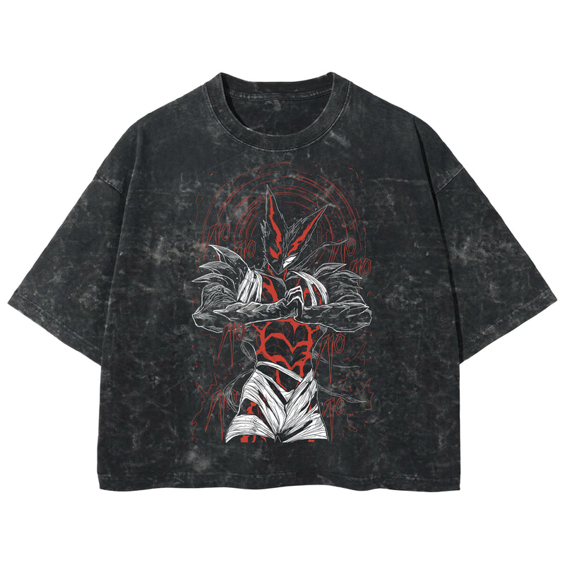 Playera streetwear premium de anime y gaming ExtraLife MX, corte boxy deluxe mineral wash heavyweight en color Acid Wash, moda urbana mexicana de culto.