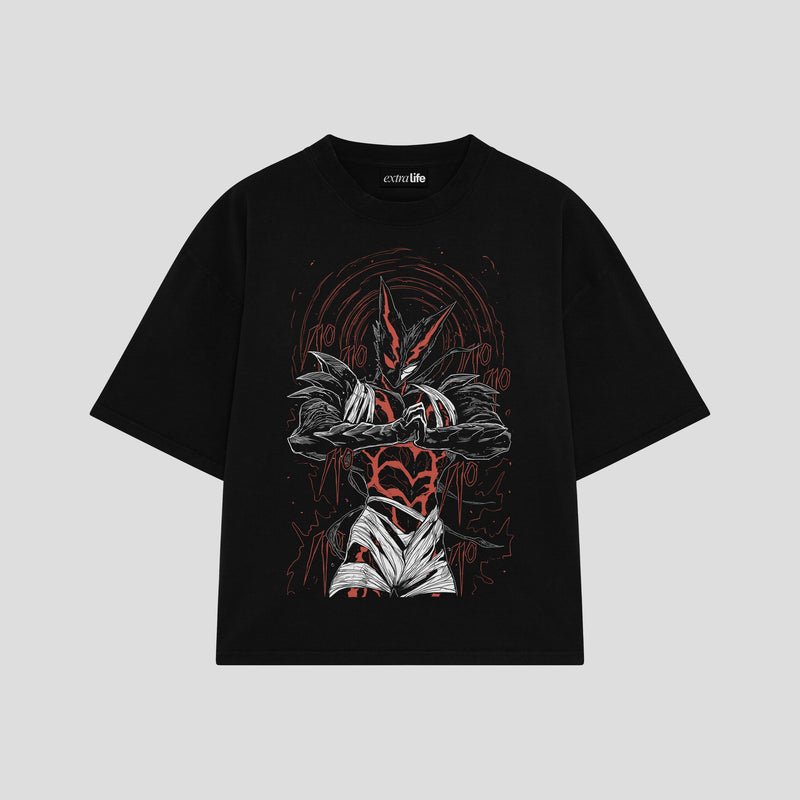 Playera streetwear premium de anime y gaming ExtraLife MX, corte boxy oversized drop shoulder heavyweight en color Deep Black y Off-White, moda urbana mexicana de culto.