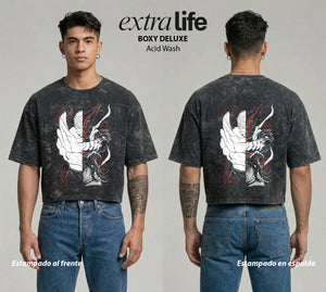 Playera streetwear premium de anime y gaming ExtraLife MX, corte boxy deluxe mineral wash heavyweight en color Acid Wash, moda urbana mexicana de culto.