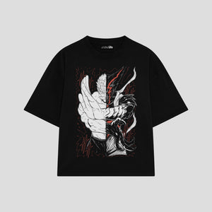 Playera streetwear premium de anime y gaming ExtraLife MX, corte boxy oversized drop shoulder heavyweight en color Deep Black y Off-White, moda urbana mexicana de culto.
