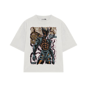 Playera streetwear premium de anime y gaming ExtraLife MX, corte boxy oversized drop shoulder heavyweight en color Deep Black y Off-White, moda urbana mexicana de culto.