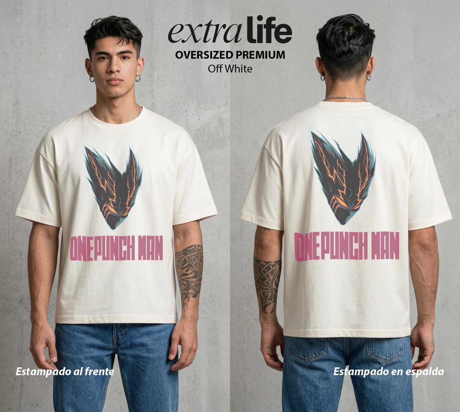 El Heroe por Hobby | Caos Encarnado #04628 - Playera Oversized Premium | Off White - Foto en modelo