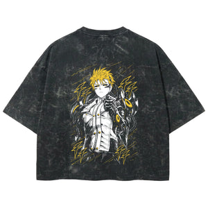 Playera streetwear premium de anime y gaming ExtraLife MX, corte boxy deluxe mineral wash heavyweight en color Acid Wash, moda urbana mexicana de culto.