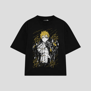 Playera streetwear premium de anime y gaming ExtraLife MX, corte boxy oversized drop shoulder heavyweight en color Deep Black y Off-White, moda urbana mexicana de culto.