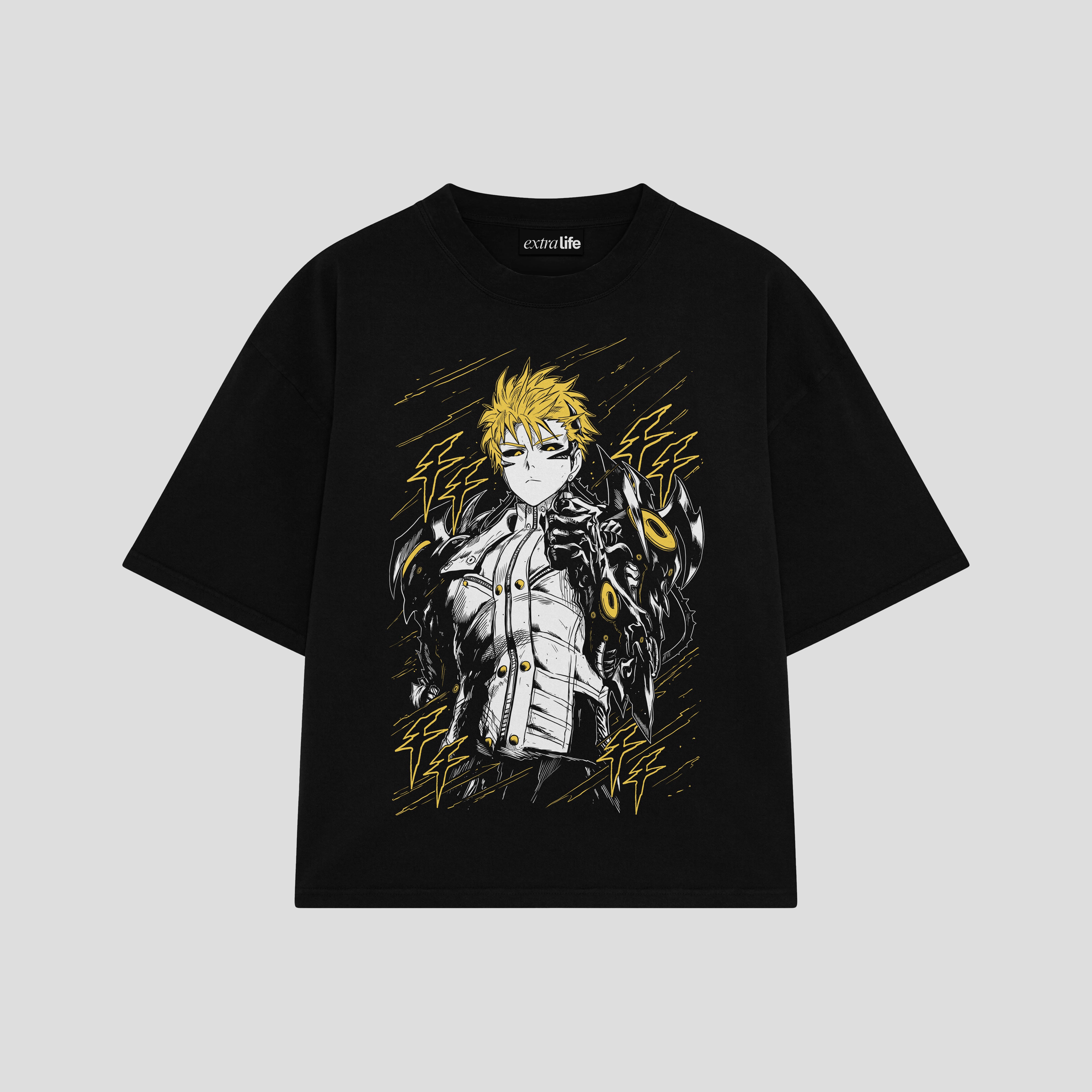 Playera streetwear premium de anime y gaming ExtraLife MX, corte boxy oversized drop shoulder heavyweight en color Deep Black y Off-White, moda urbana mexicana de culto.