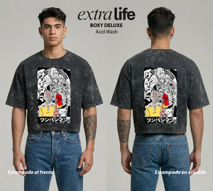 Playera streetwear premium de anime y gaming ExtraLife MX, corte boxy deluxe mineral wash heavyweight en color Acid Wash, moda urbana mexicana de culto.