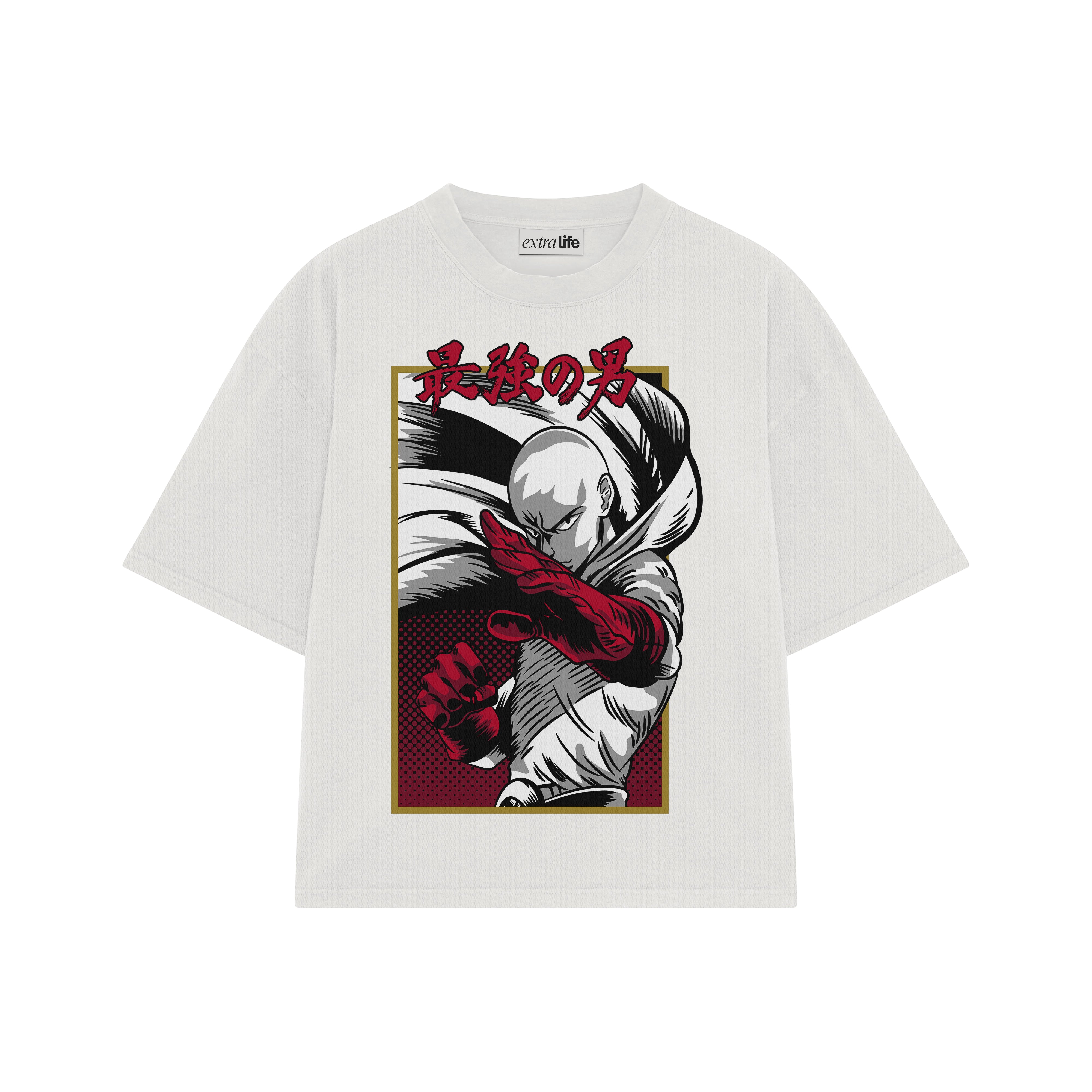 Playera streetwear premium de anime y gaming ExtraLife MX, corte boxy oversized drop shoulder heavyweight en color Deep Black y Off-White, moda urbana mexicana de culto.
