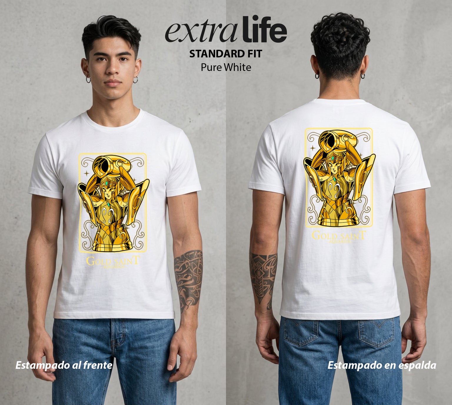 Los Caballeros del Cosmos | Santo Dorado Acuario #04635 - Playera Standard Fit | Pure White - Foto en modelo