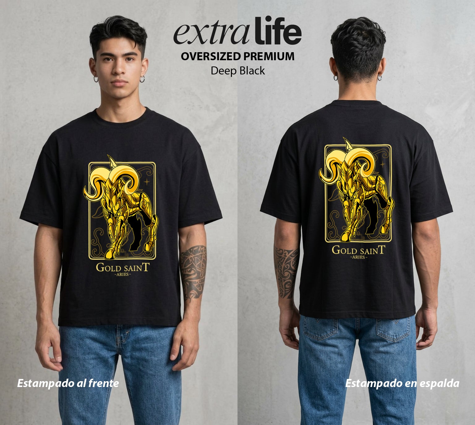 Los Caballeros del Cosmos | Santo Dorado Aries #04636 - Playera Oversized Premium | Deep Black - Foto en modelo