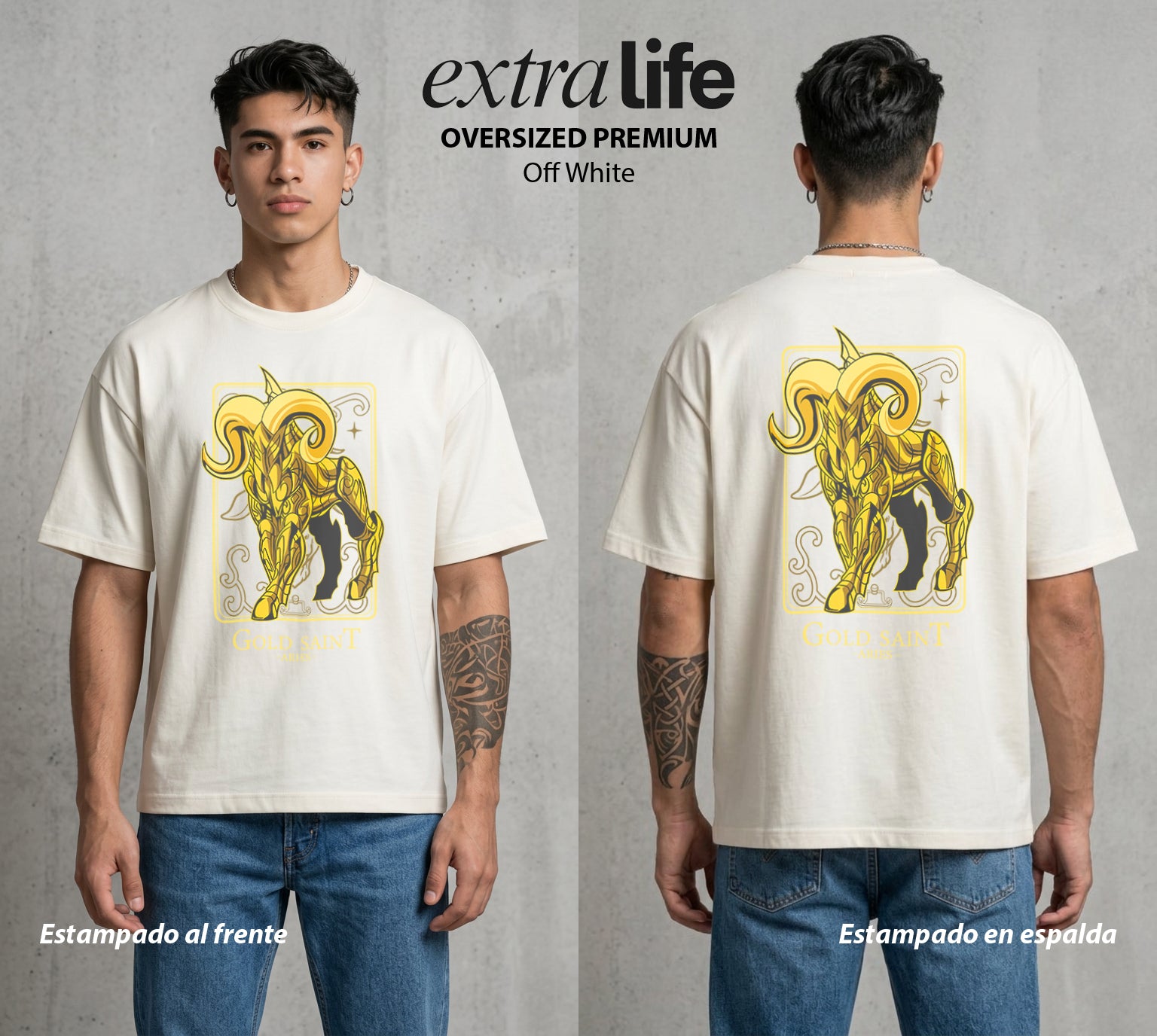 Los Caballeros del Cosmos | Santo Dorado Aries #04636 - Playera Oversized Premium | Off White - Foto en modelo