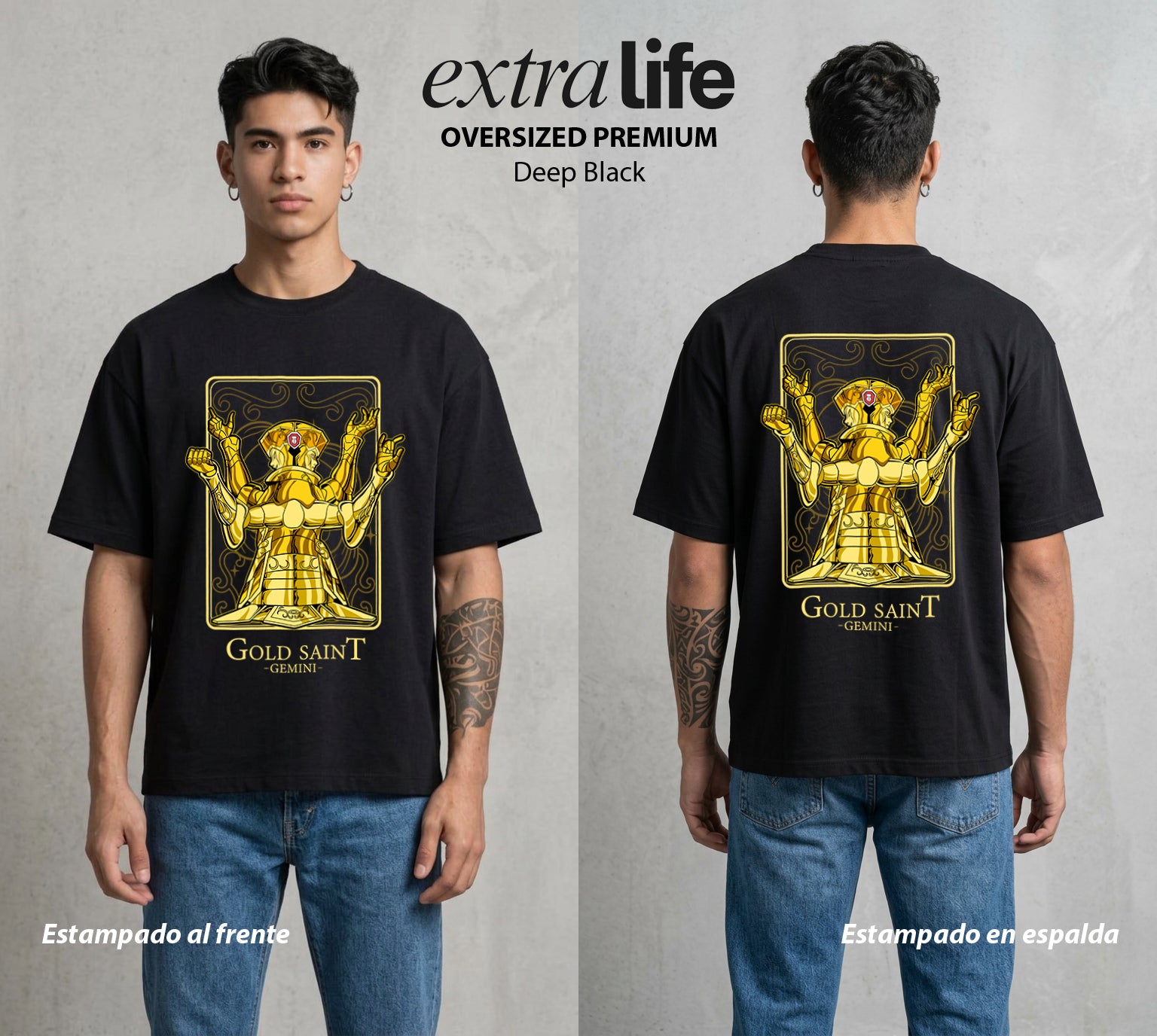 Los Caballeros del Cosmos | Santo Dorado Géminis #04639 - Playera Oversized Premium | Deep Black - Foto en modelo
