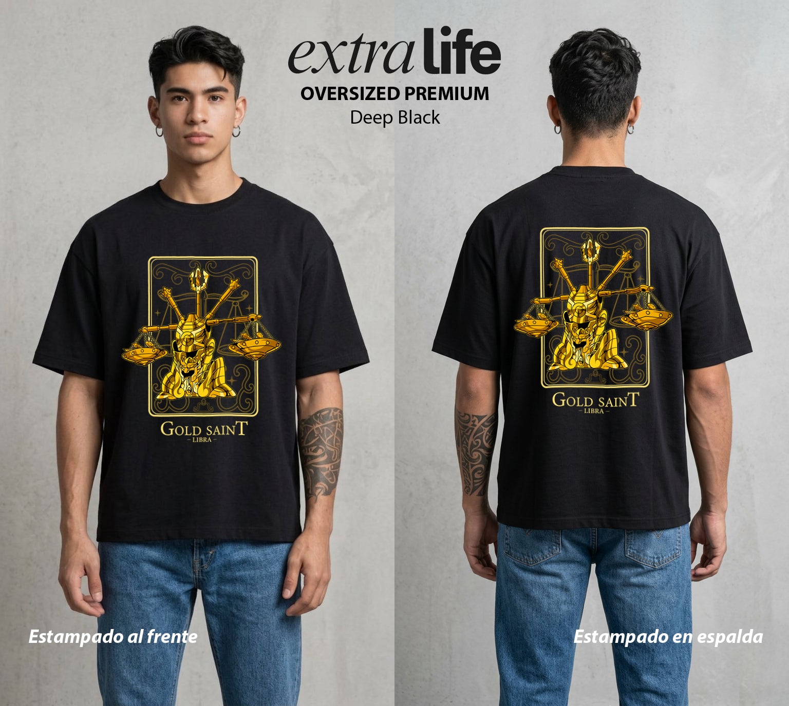 Los Caballeros del Cosmos | Santo Dorado Libra #04641 - Playera Oversized Premium | Deep Black - Foto en modelo