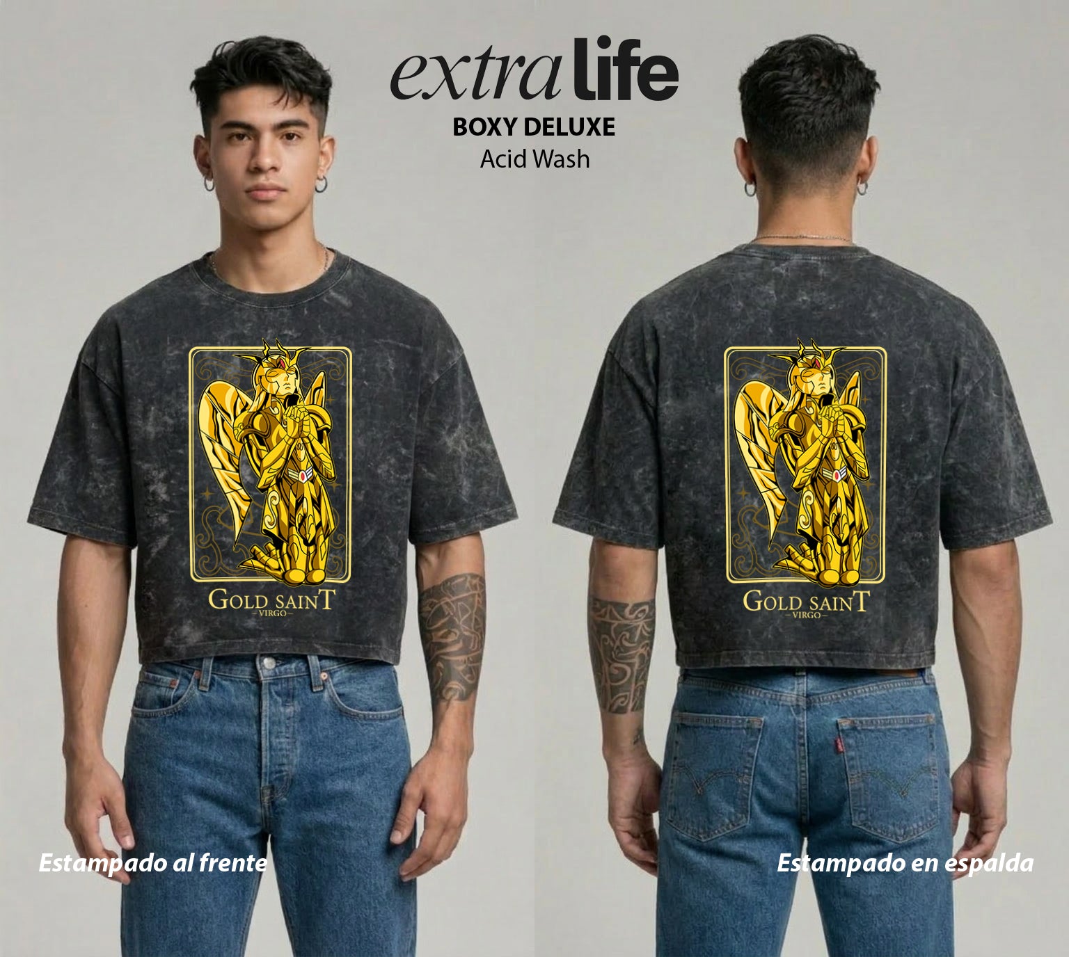 Playera streetwear premium de anime y gaming ExtraLife MX, corte boxy deluxe mineral wash heavyweight en color Acid Wash, moda urbana mexicana de culto.