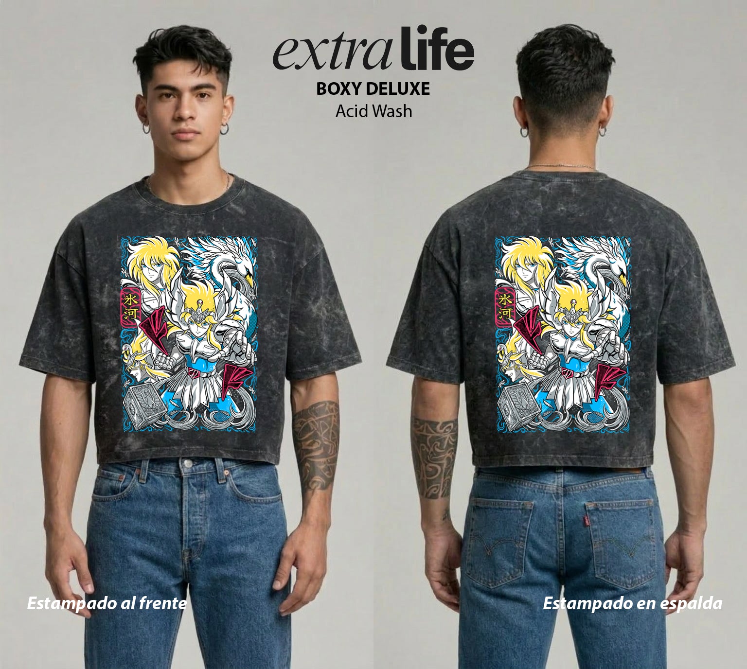 Playera streetwear premium de anime y gaming ExtraLife MX, corte boxy deluxe mineral wash heavyweight en color Acid Wash, moda urbana mexicana de culto.