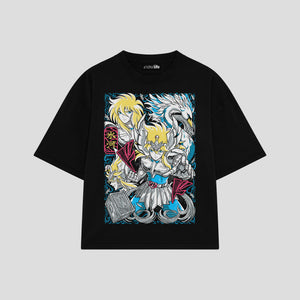 Playera streetwear premium de anime y gaming ExtraLife MX, corte boxy oversized drop shoulder heavyweight en color Deep Black y Off-White, moda urbana mexicana de culto.
