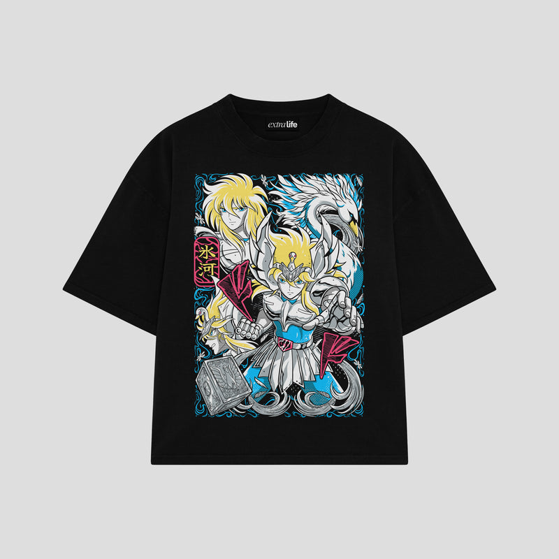Playera streetwear premium de anime y gaming ExtraLife MX, corte boxy oversized drop shoulder heavyweight en color Deep Black y Off-White, moda urbana mexicana de culto.