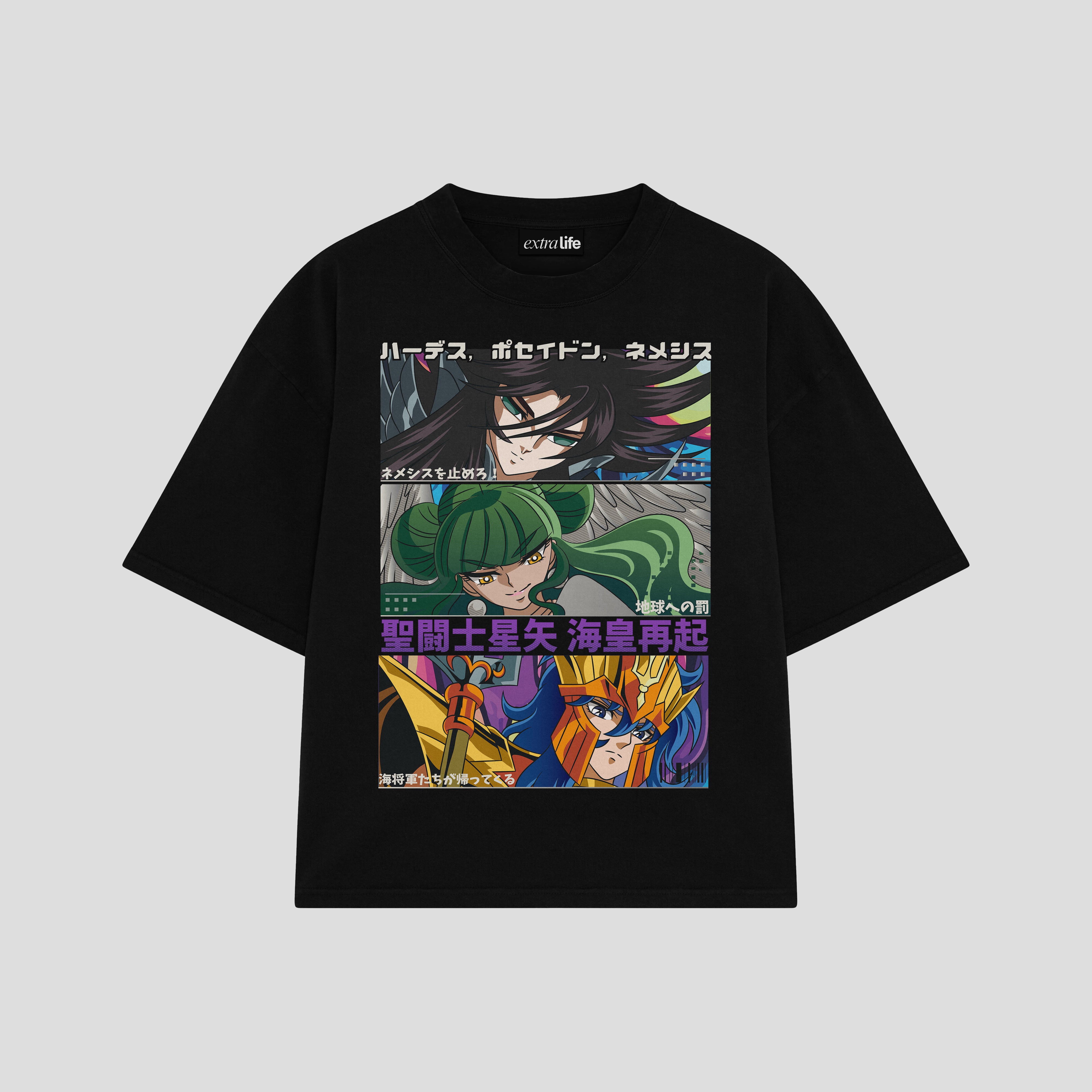 Playera streetwear premium de anime y gaming ExtraLife MX, corte boxy oversized drop shoulder heavyweight en color Deep Black y Off-White, moda urbana mexicana de culto.