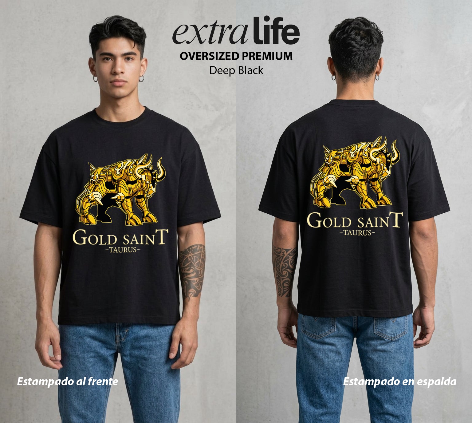 Los Caballeros del Cosmos | Toro de Oro #04651 - Playera Oversized Premium | Deep Black - Foto en modelo