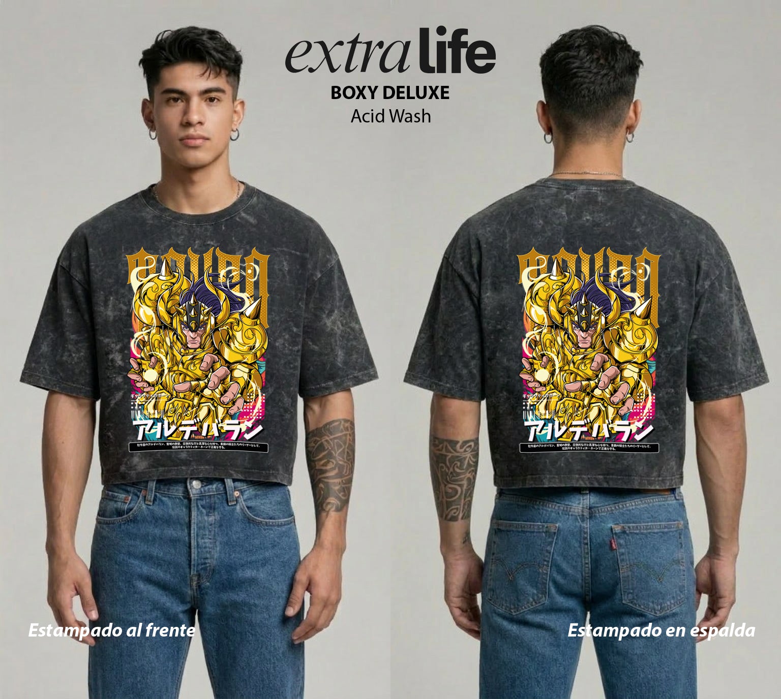 Playera streetwear premium de anime y gaming ExtraLife MX, corte boxy deluxe mineral wash heavyweight en color Acid Wash, moda urbana mexicana de culto.