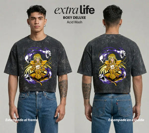 Playera streetwear premium de anime y gaming ExtraLife MX, corte boxy deluxe mineral wash heavyweight en color Acid Wash, moda urbana mexicana de culto.
