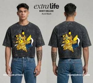 Playera streetwear premium de anime y gaming ExtraLife MX, corte boxy deluxe mineral wash heavyweight en color Acid Wash, moda urbana mexicana de culto.