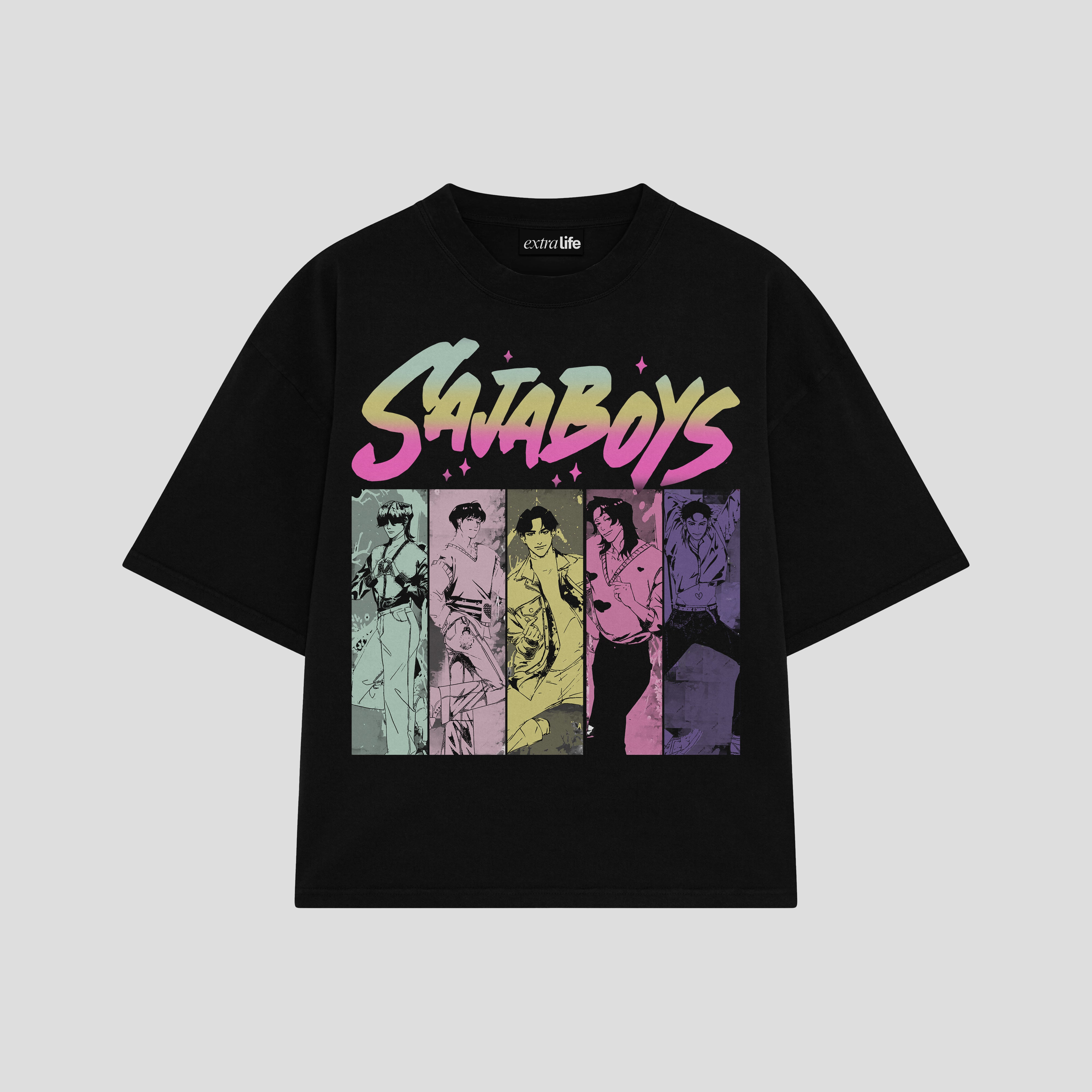 Playera streetwear premium de anime y gaming ExtraLife MX, corte boxy oversized drop shoulder heavyweight en color Deep Black y Off-White, moda urbana mexicana de culto.
