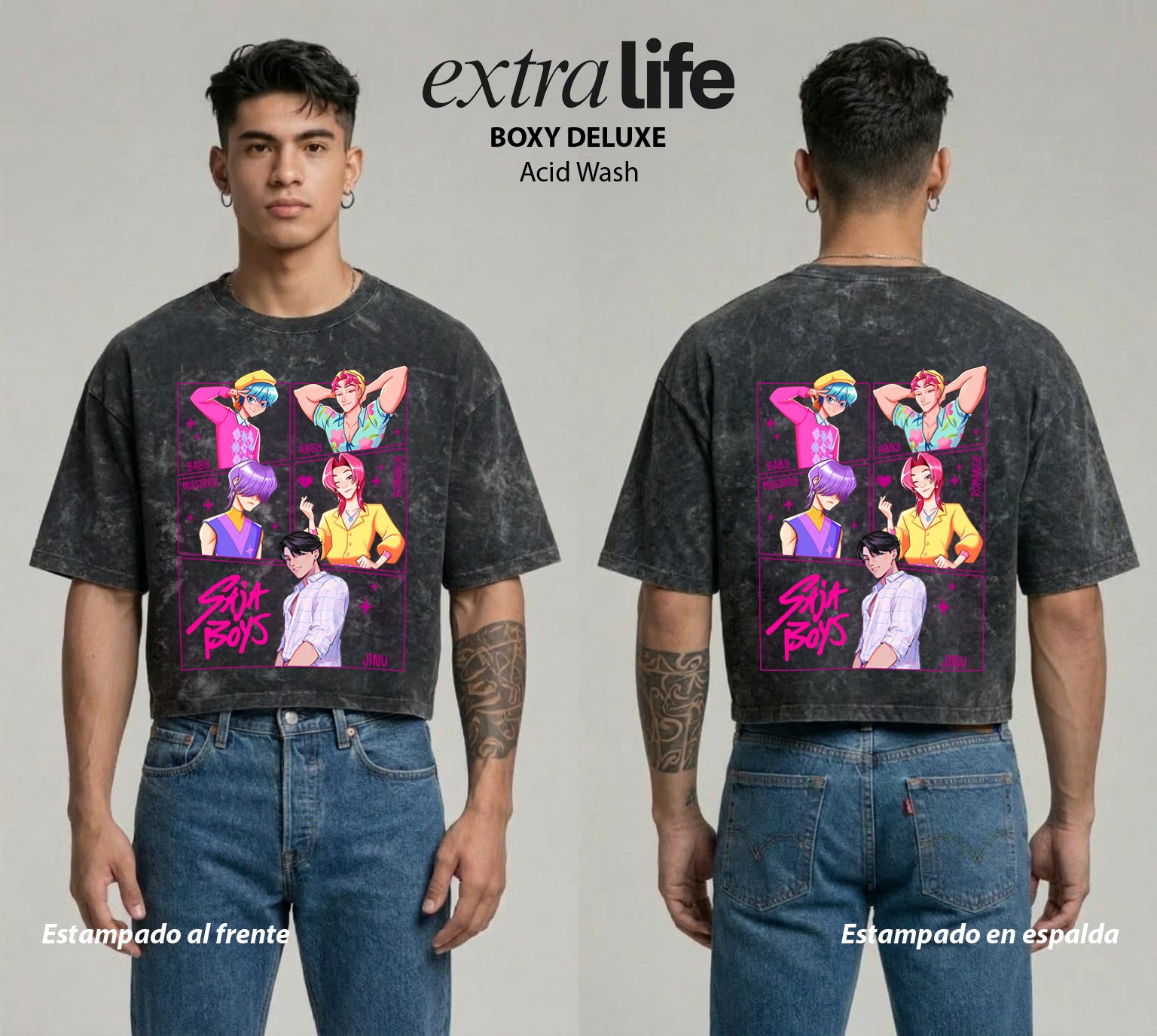 Playera streetwear premium de anime y gaming ExtraLife MX, corte boxy deluxe mineral wash heavyweight en color Acid Wash, moda urbana mexicana de culto.