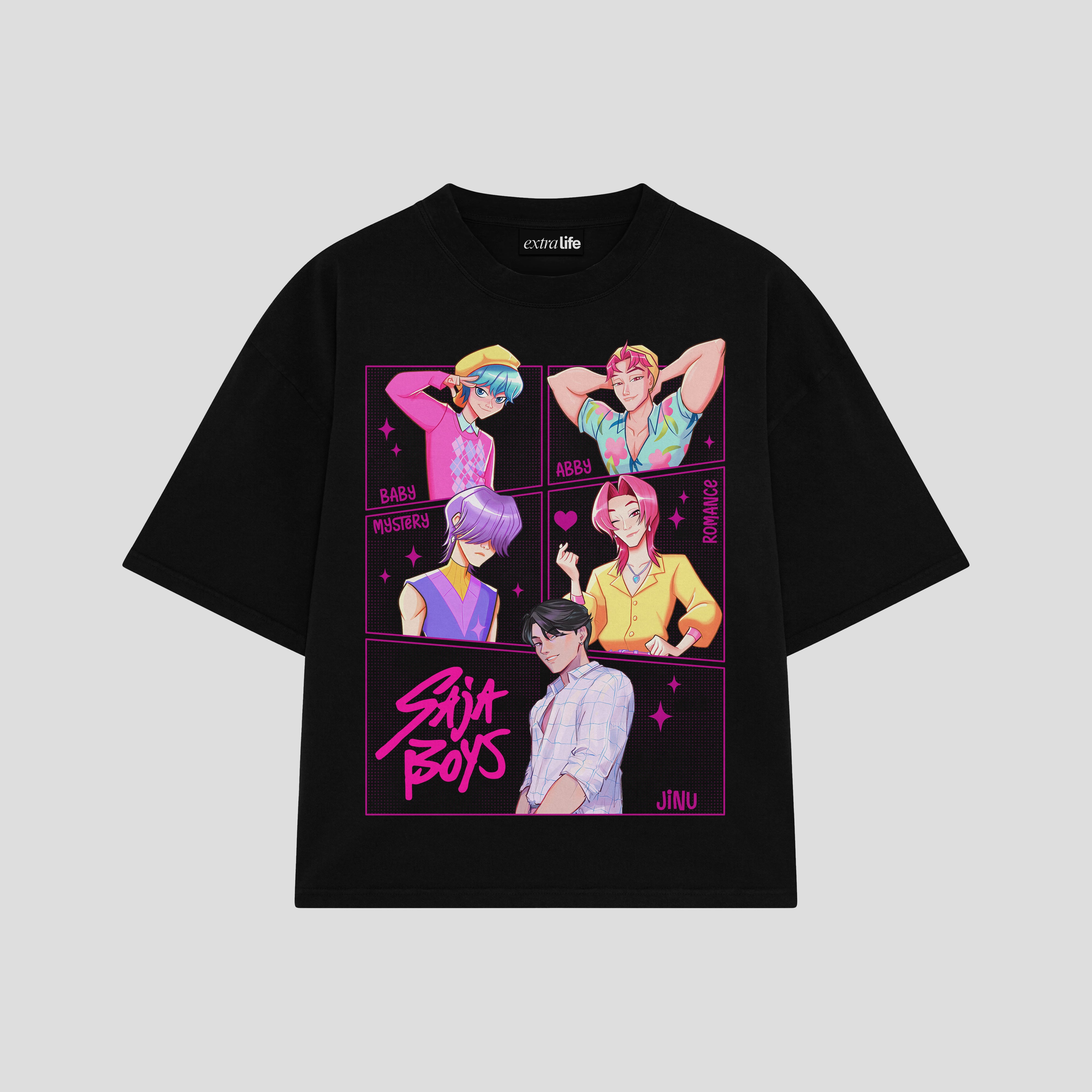 Playera streetwear premium de anime y gaming ExtraLife MX, corte boxy oversized drop shoulder heavyweight en color Deep Black y Off-White, moda urbana mexicana de culto.